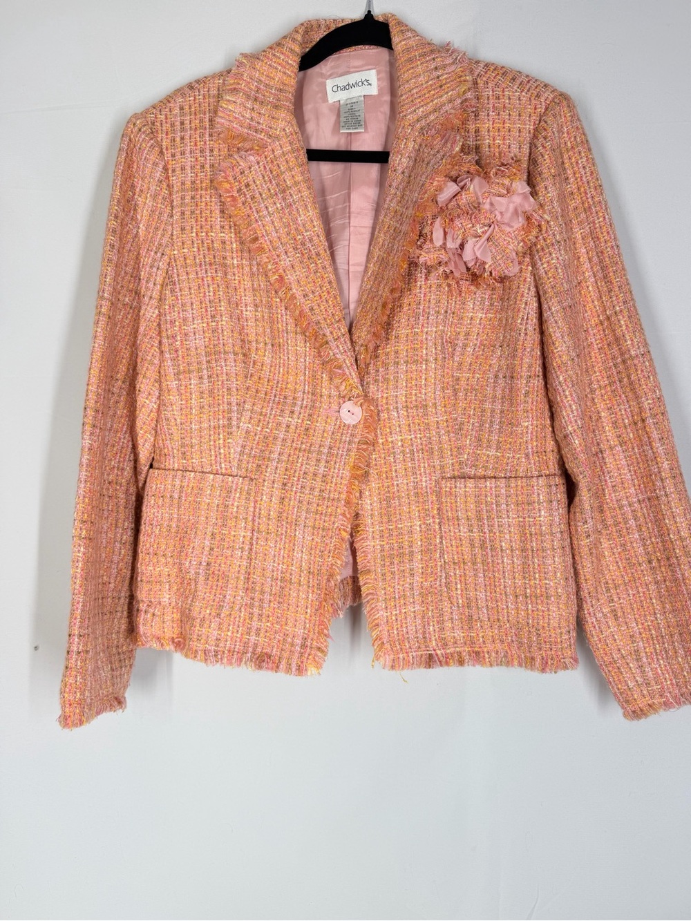 Chadwicks‎ Peach-Pink Tweed Blazer with Floral Corsage